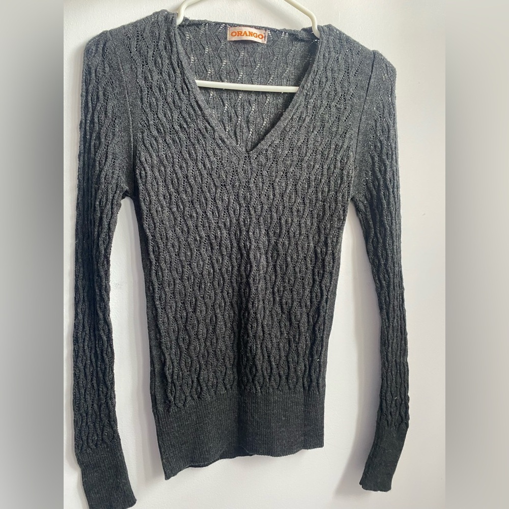 Women's Dark Gray Cable-Knit V-Neck Sweater